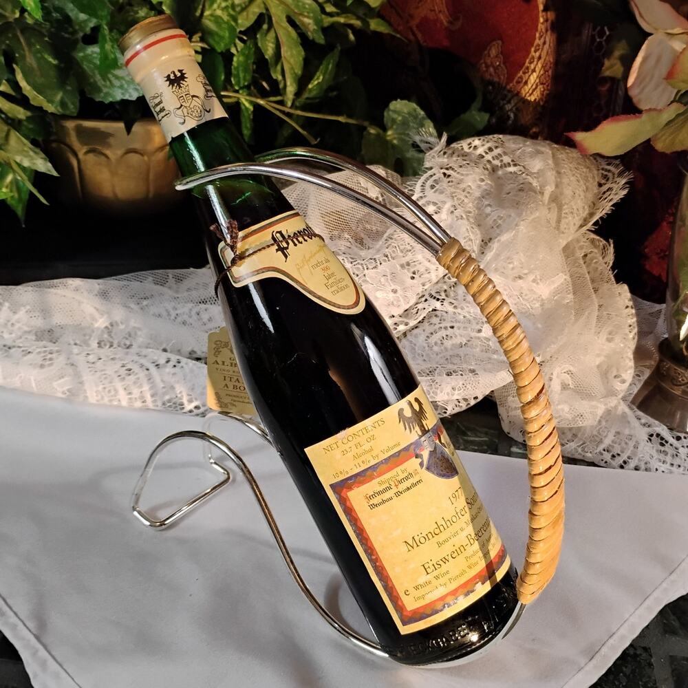 Chrome & Rattan Wrapped Vintage Wine Bottle Holder Carl Aubock MCM Style Barware